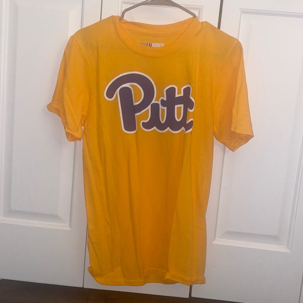 University of Pittsburgh, yellow/ royal blue short sleeve shirt. College merch